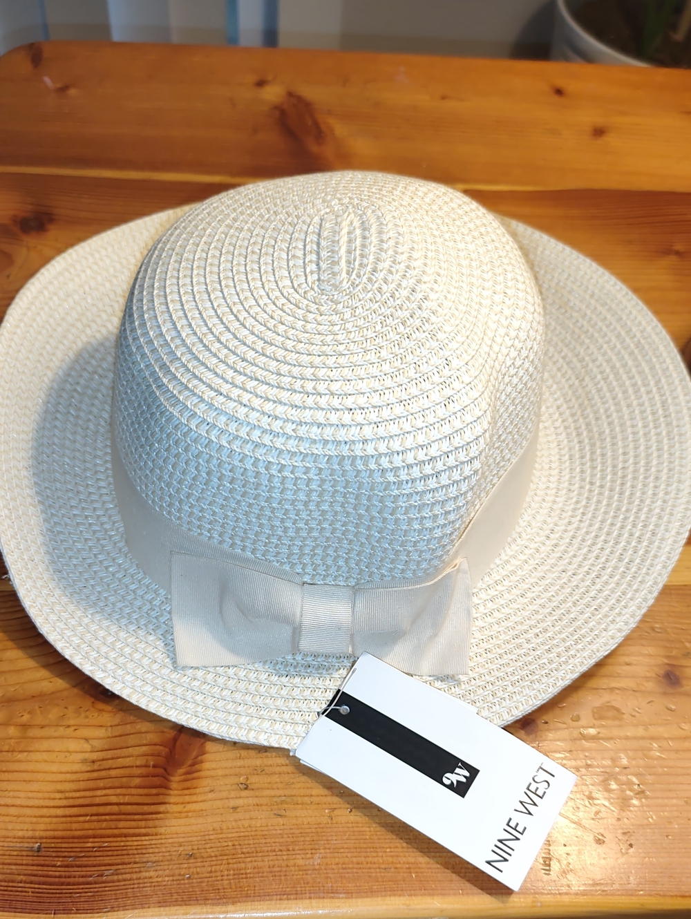 Nine West Ivory Woven Sun Hat with Bow Band